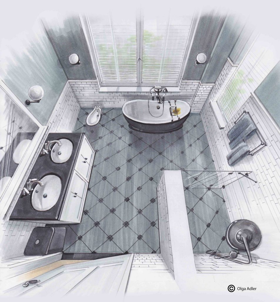 Realistische tekening Badkamer van boven af gezien in perspectief | Interior Sketch