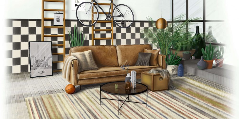 Den Haag woonkamer met bank en fiets aan de muur | Interior Sketch
