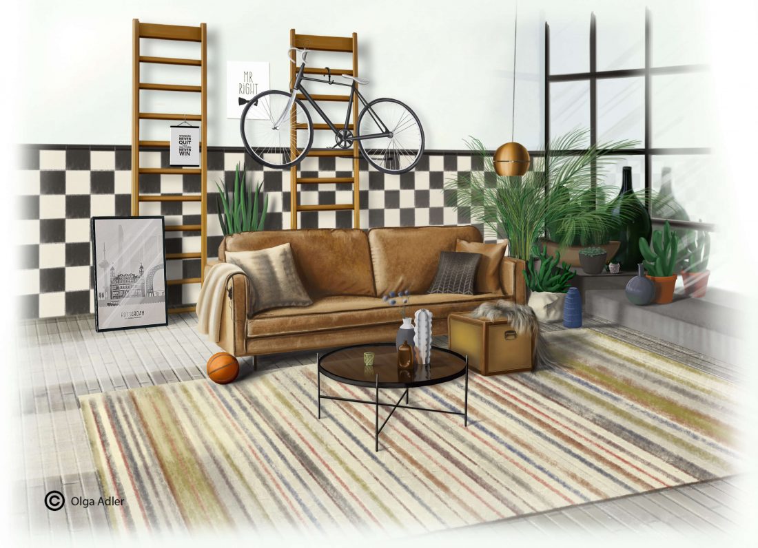 Den Haag woonkamer met bank en fiets aan de muur | Interior Sketch