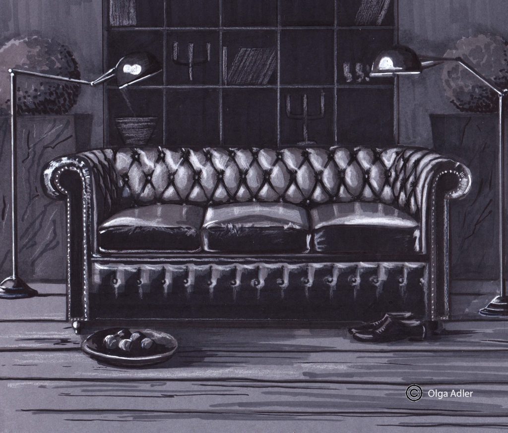 Donkere sofa oud engels chesterfield realistische tekening in perspectief | Interior Sketch