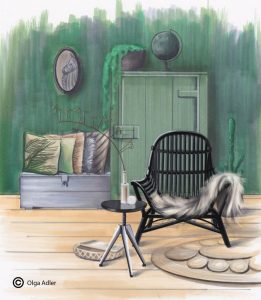 Groen interieur met stoel en vacht en kussens | Interior Sketch