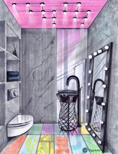Kunst WC realistiche tekening met verlichting | Interior Sketch