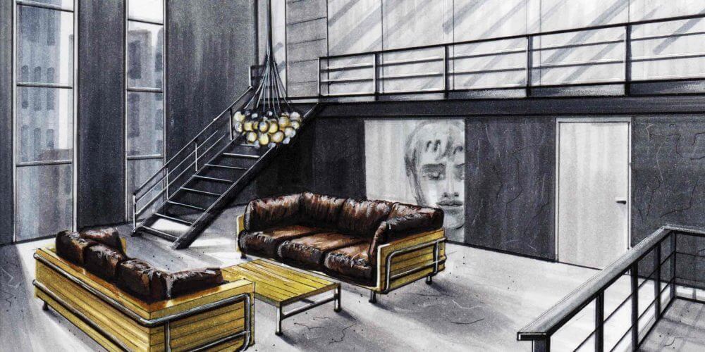 Loft met trap balustrade en banken | Interior Sketch