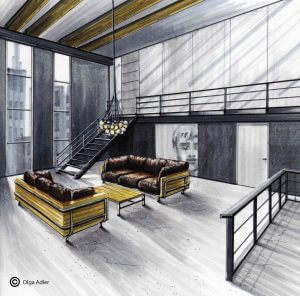 Loft met trap balustrade en banken | Interior Sketch
