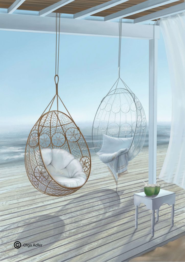 Vakantie zeegezicht met hangstoelen op het terras | Interior Sketch