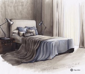 Slaapkamer met bed, slaaplampjes en gedrapeerde sprei | Interior Sketch