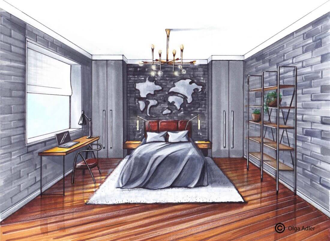 Grijze slaapkamer met bureau, bed en sfeer verlichting | Interior Sketch