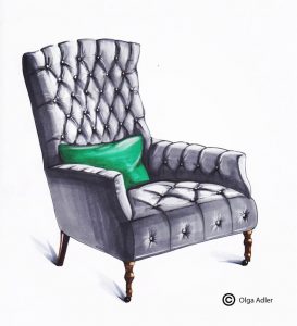 tekening chesterfield Velvet fauteuil met groen kussen | Interior Sketch