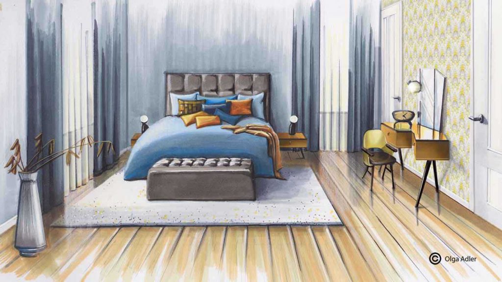 Perspectief tekening slaapkamer Olga Adler in perspectief