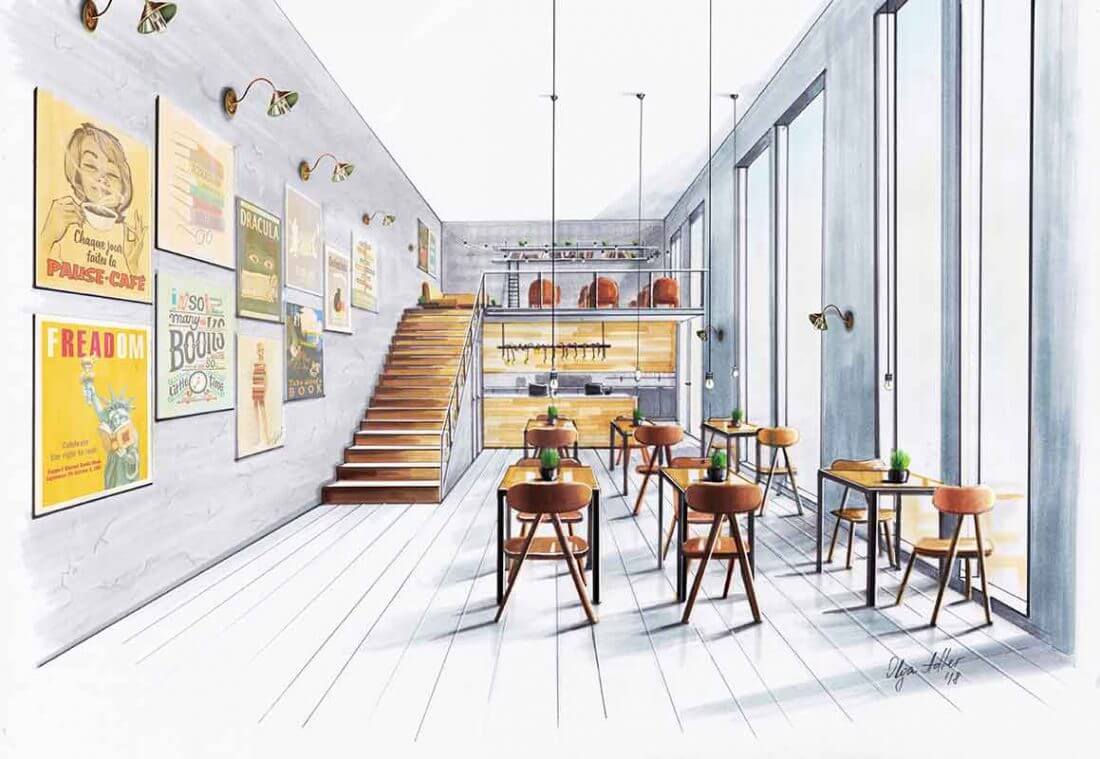 perspectief cofeebar met oude posters en trap
