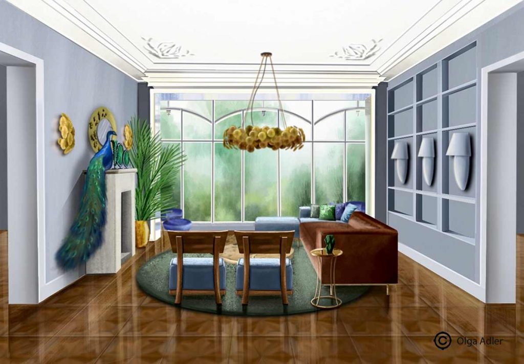 3D perspectief tekening woonkamer met pauw op de schouw