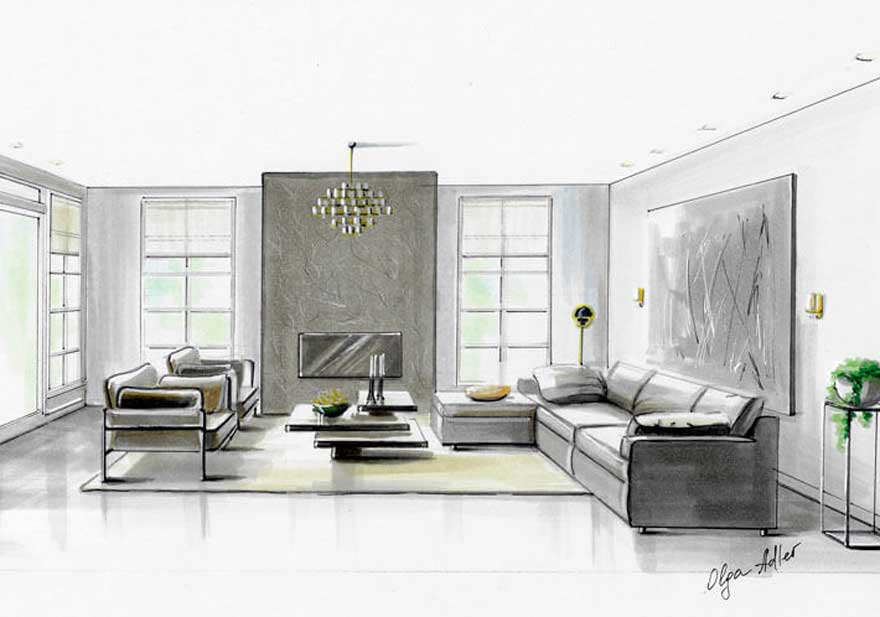 woonkamer perspectief tekening en veel licht