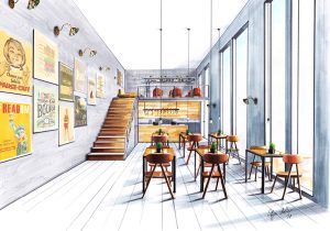Perspectief tekening van een café met trap